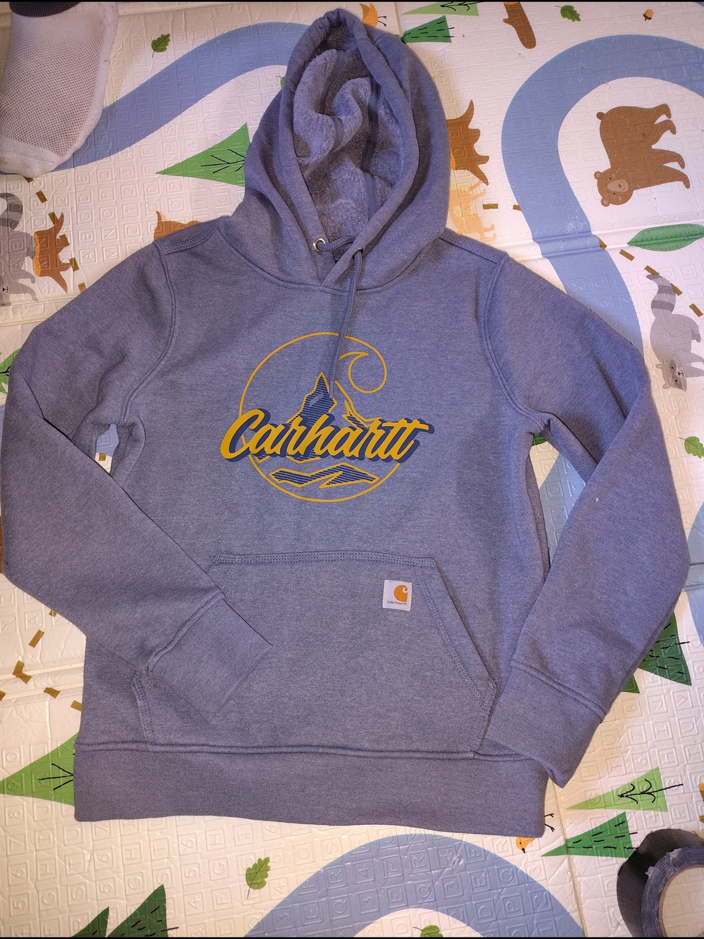 Carhartt Heather Blue Crewneck Hoodie with Yellow Script Logo
